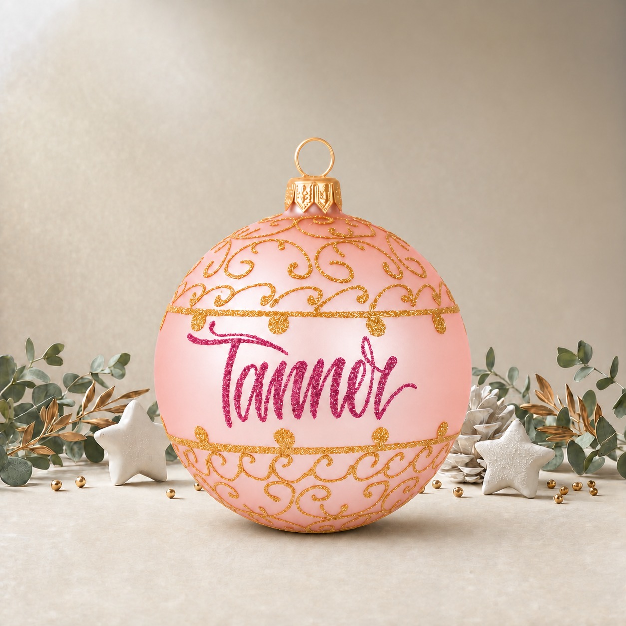 Baby Pink Bauble with Gold Ornamental Pattern, front