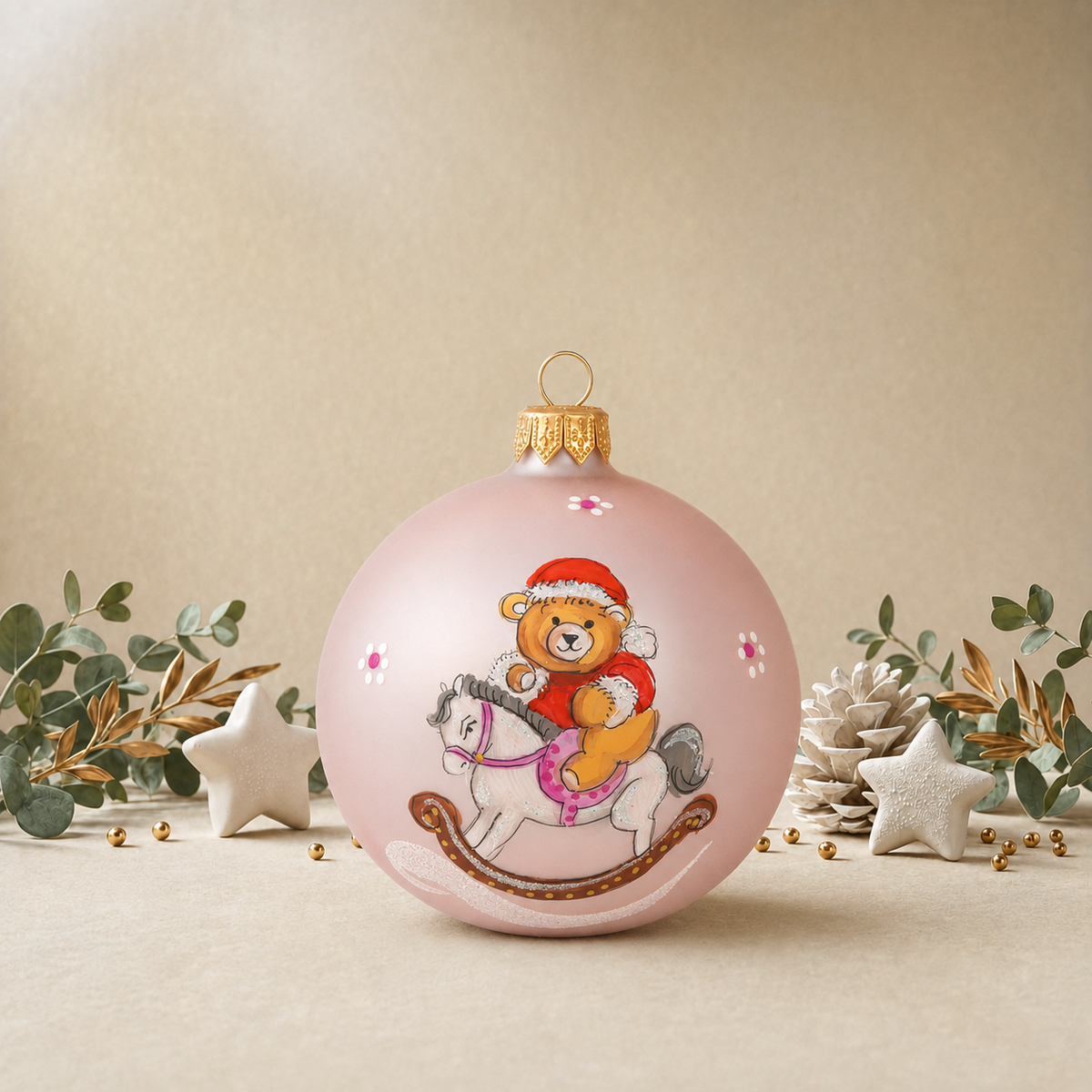 Baby Pink Bauble with Teddy Bear on Rocking Horse back