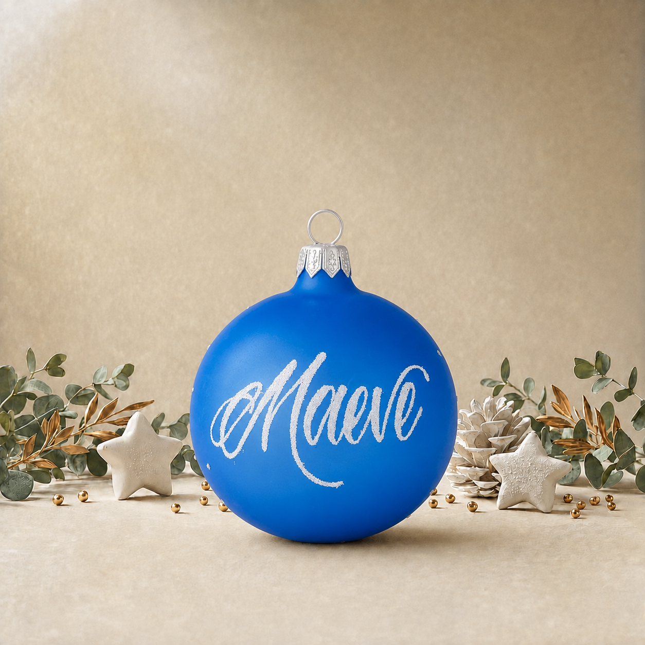 Medium Frosted Baby Blue Bauble with Silver Snowflakes front