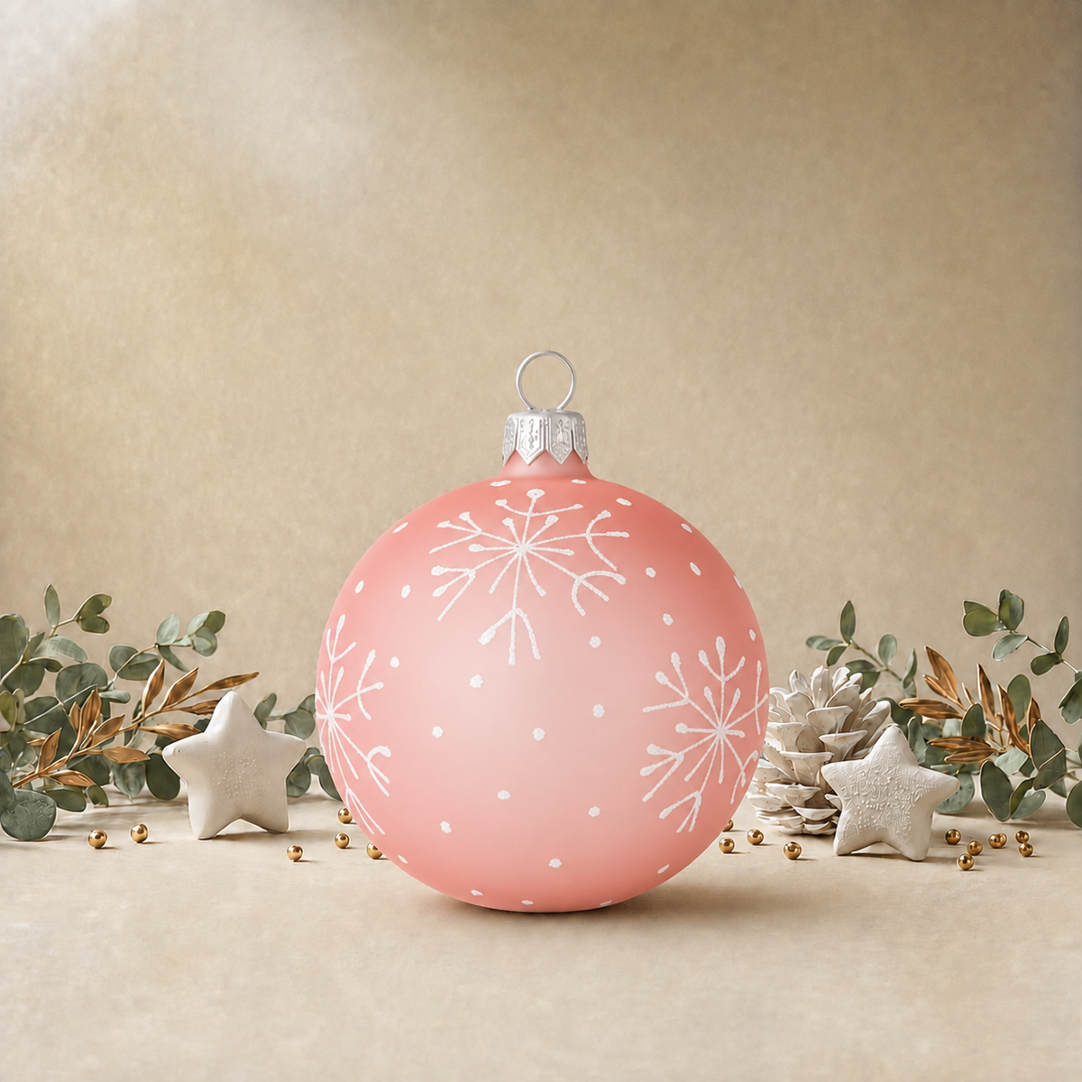 Frosted Baby Pink Bauble with White Snowflakes back
