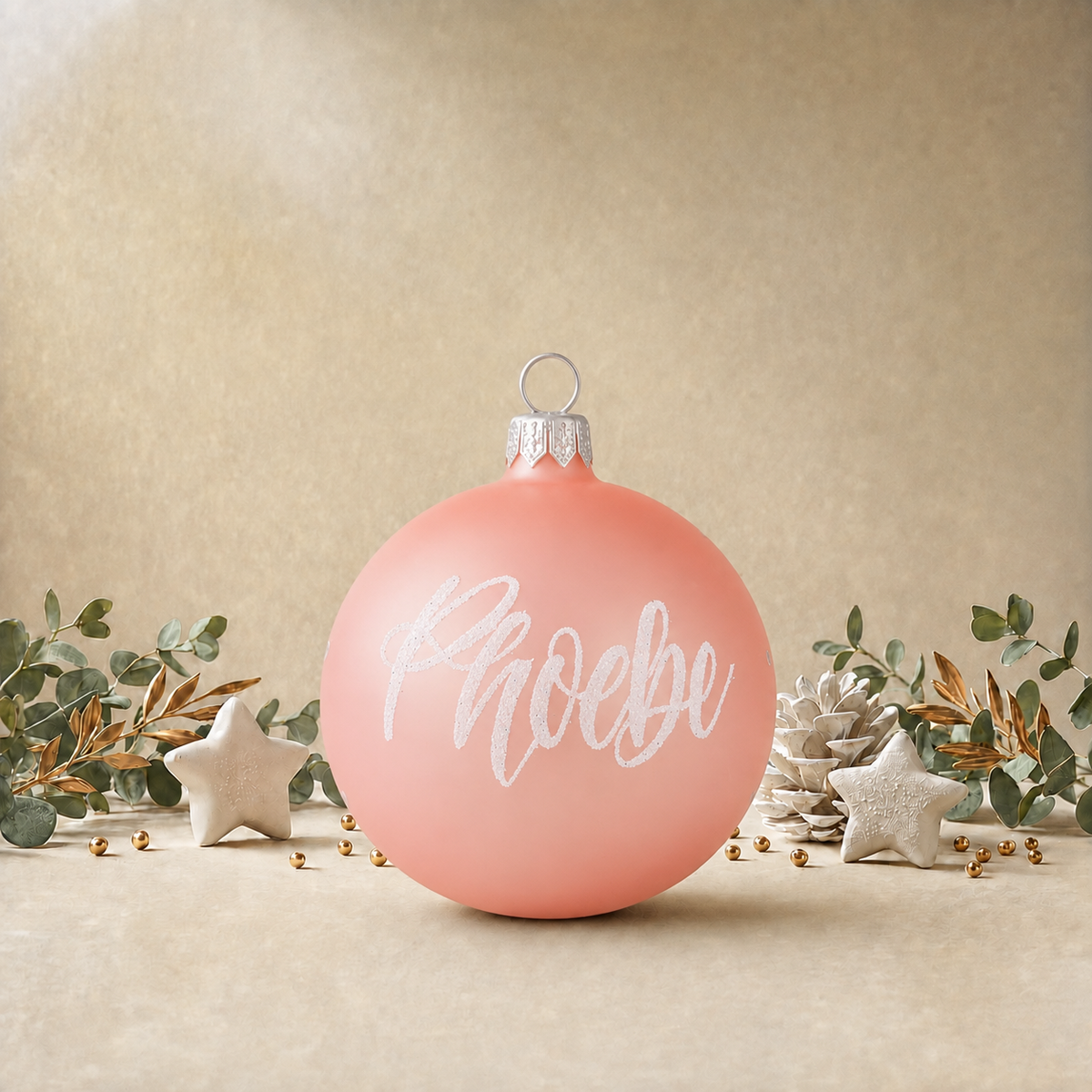 Frosted Baby Pink Bauble with White Snowflakes front