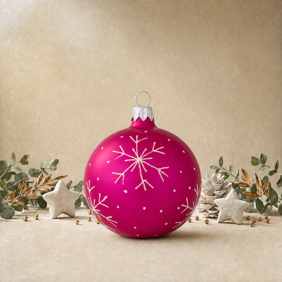 Frosted Fuchsia Bauble with White Snowflakes back
