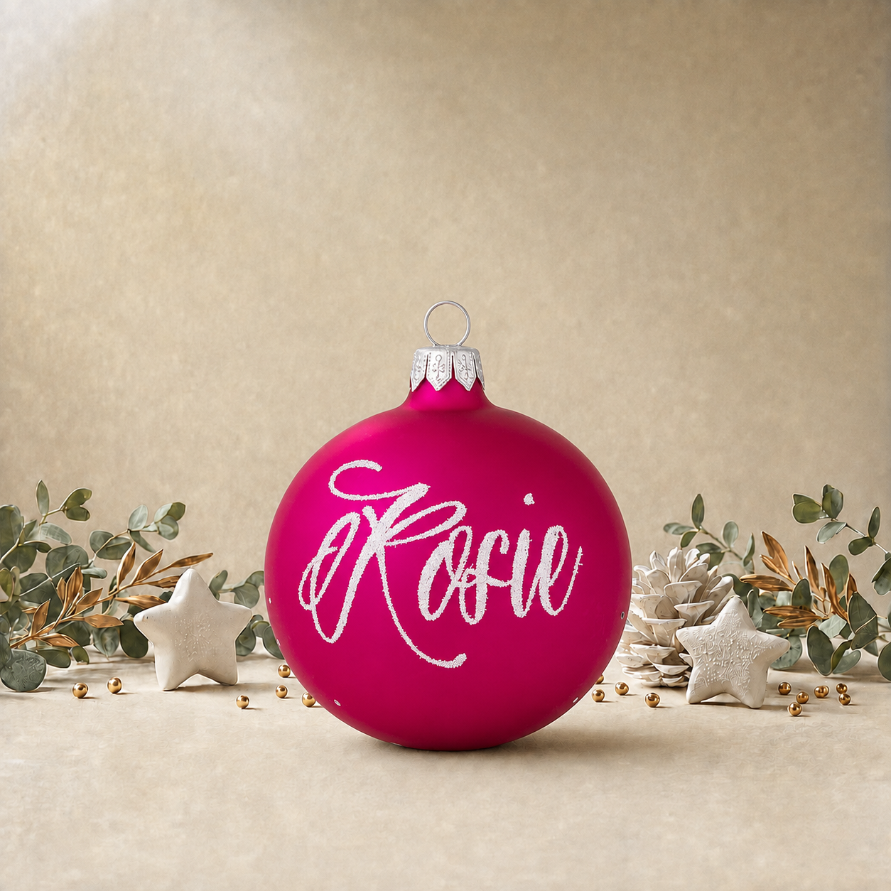 Frosted Fuchsia Bauble with White Snowflakes front