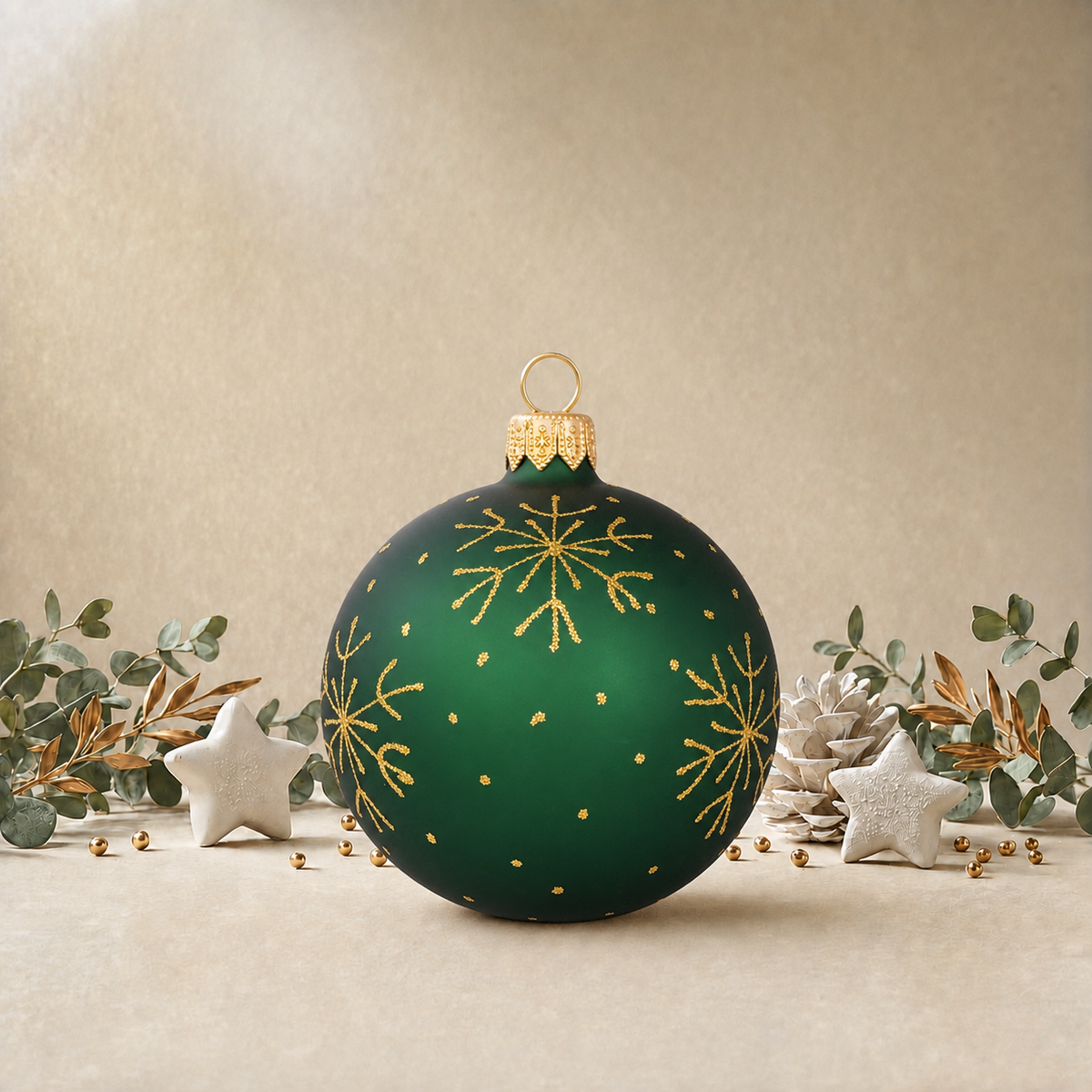 Frosted Green Bauble with Gold Snowflakes back