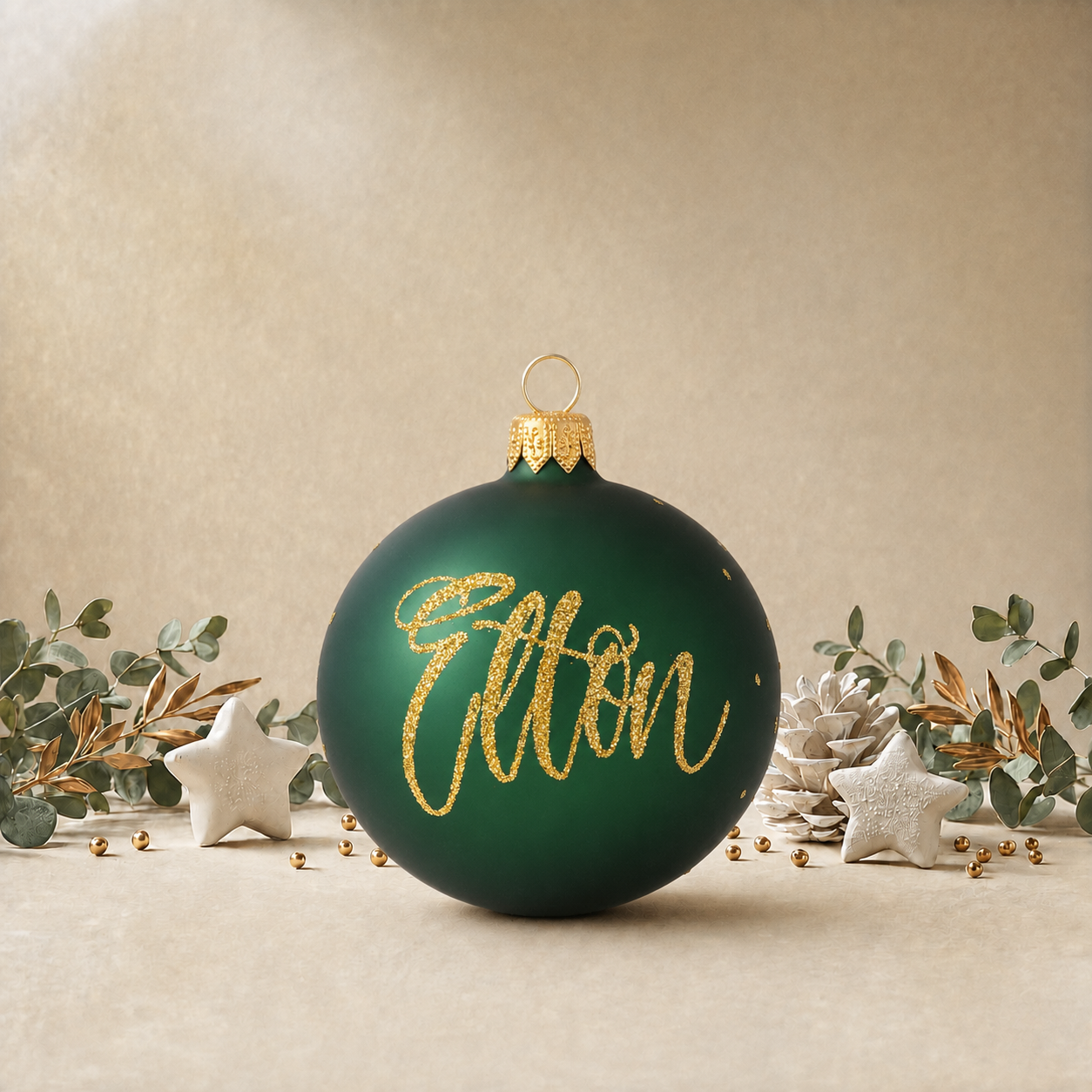 Frosted Green Bauble with Gold Snowflakes front