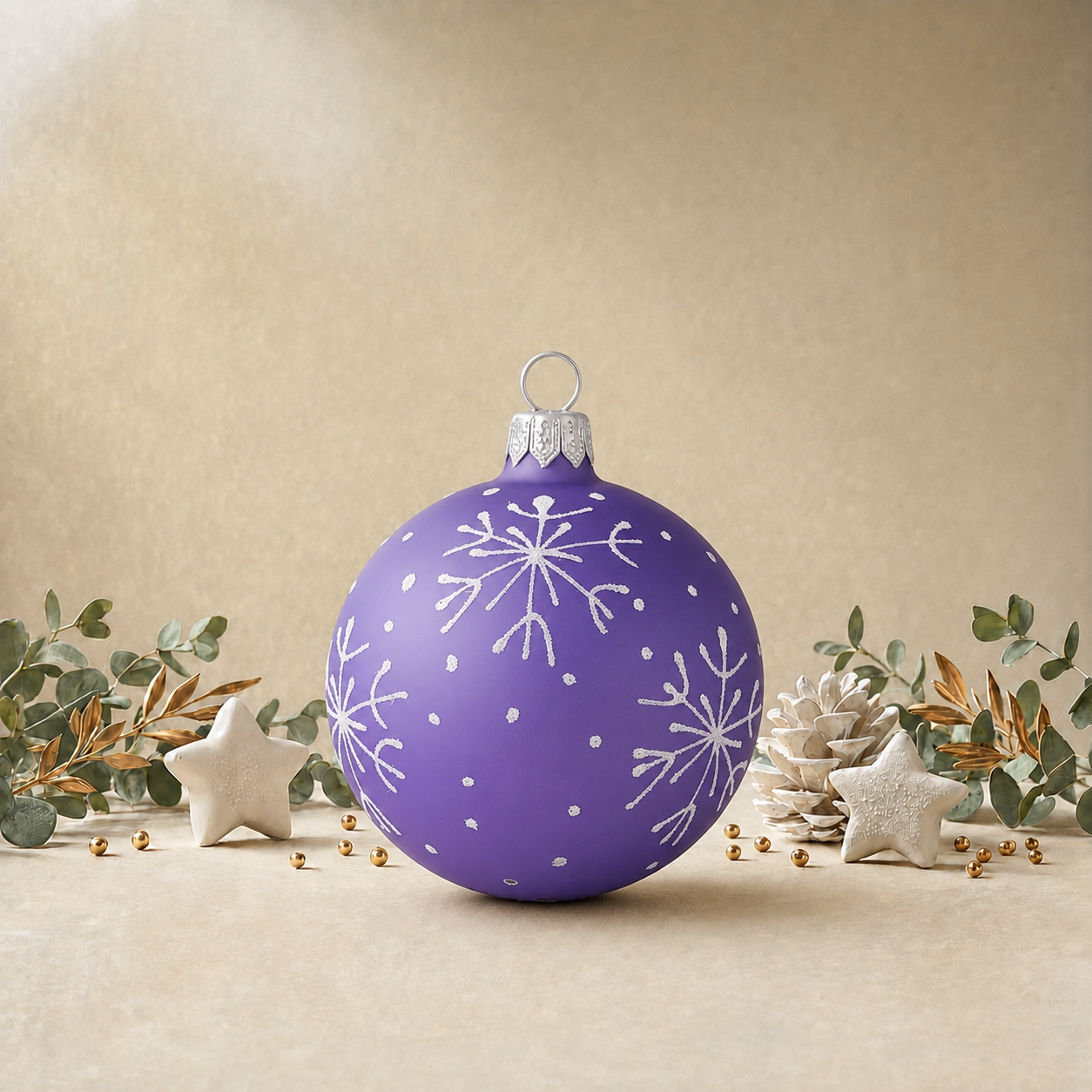 Medium Frosted Lavender Bauble with White Snowflakes back