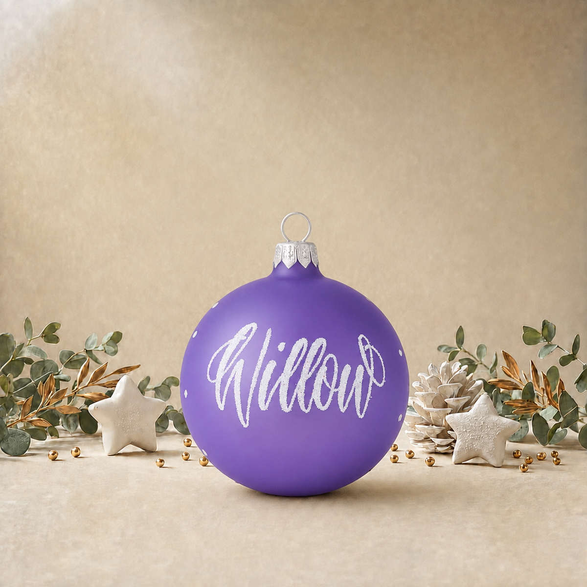 Medium Frosted Lavender Bauble with White Snowflakes front