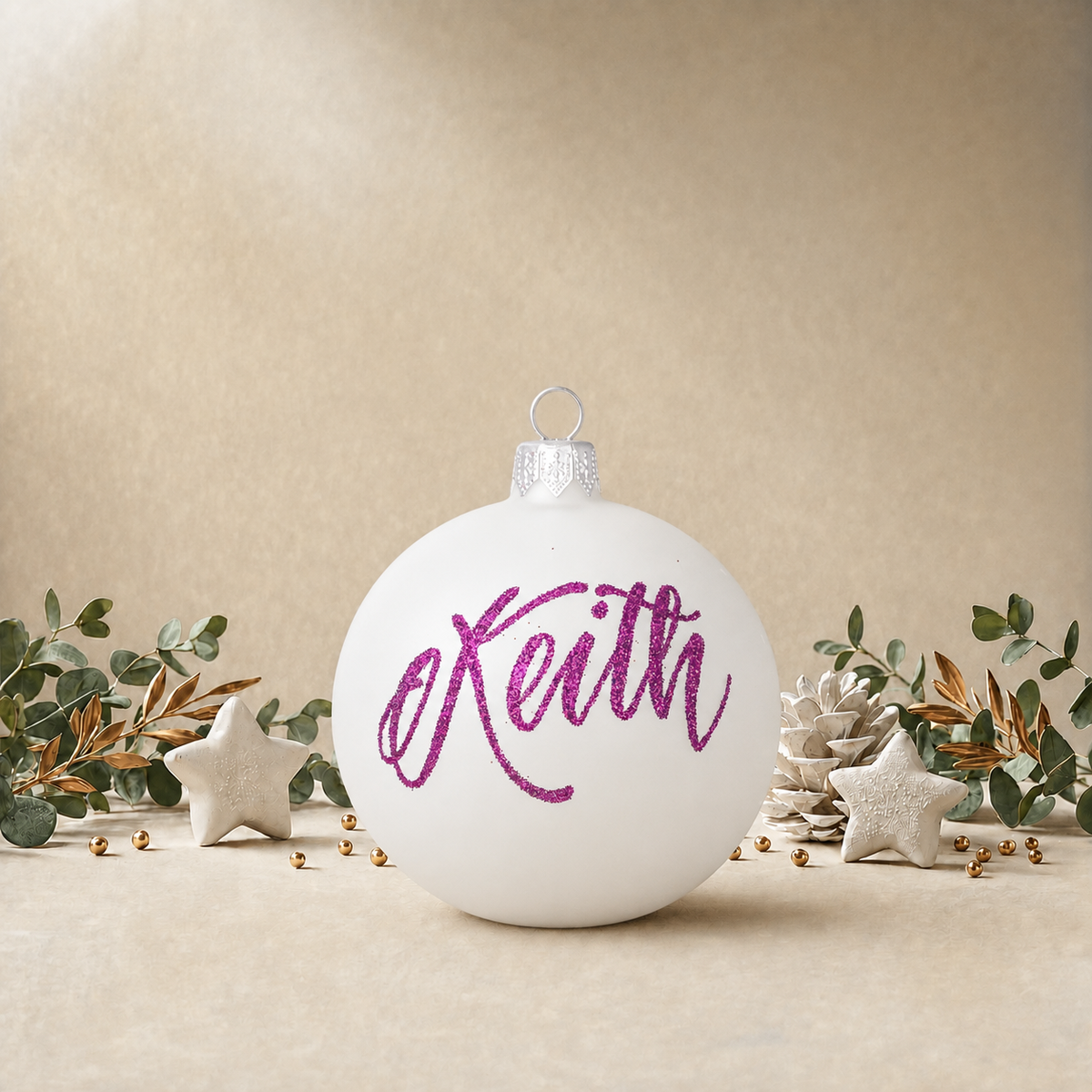 Frosted White Bauble with Silver Snowflakes front