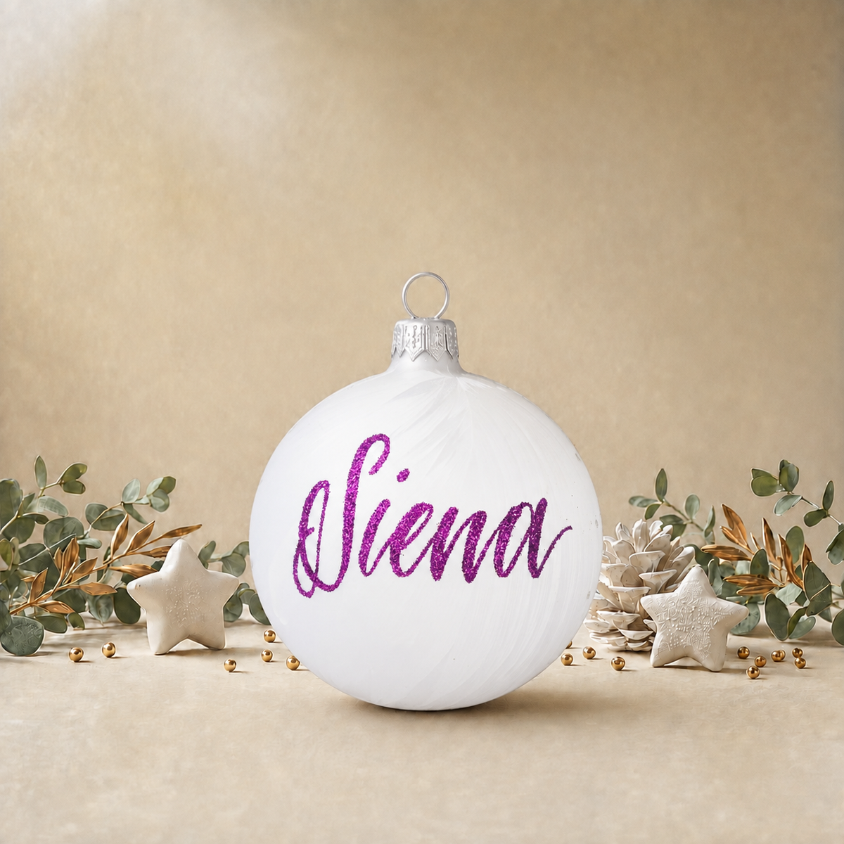 Frozen White Bauble with Silver Snowflakes front