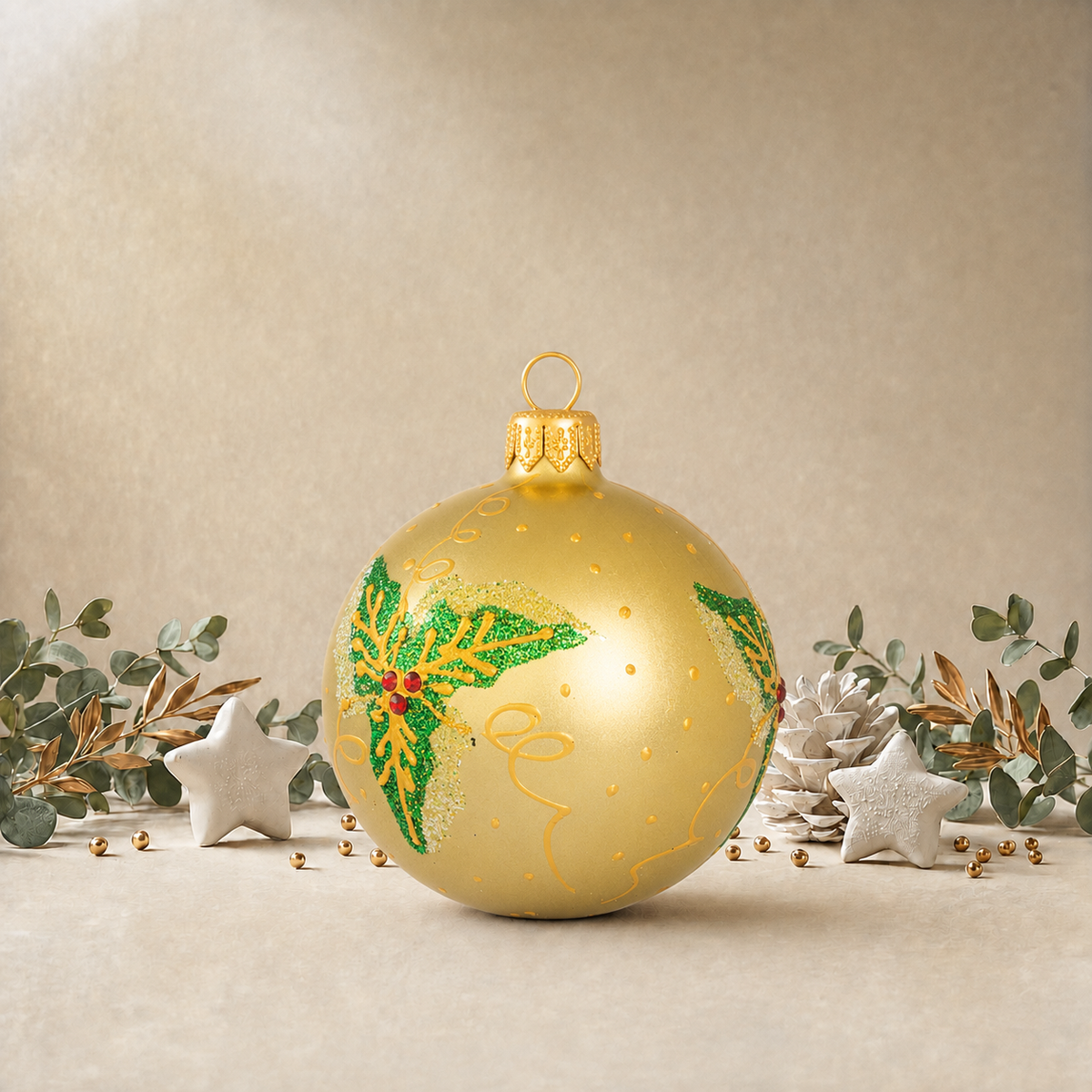 Gold Bauble with Green Holly back