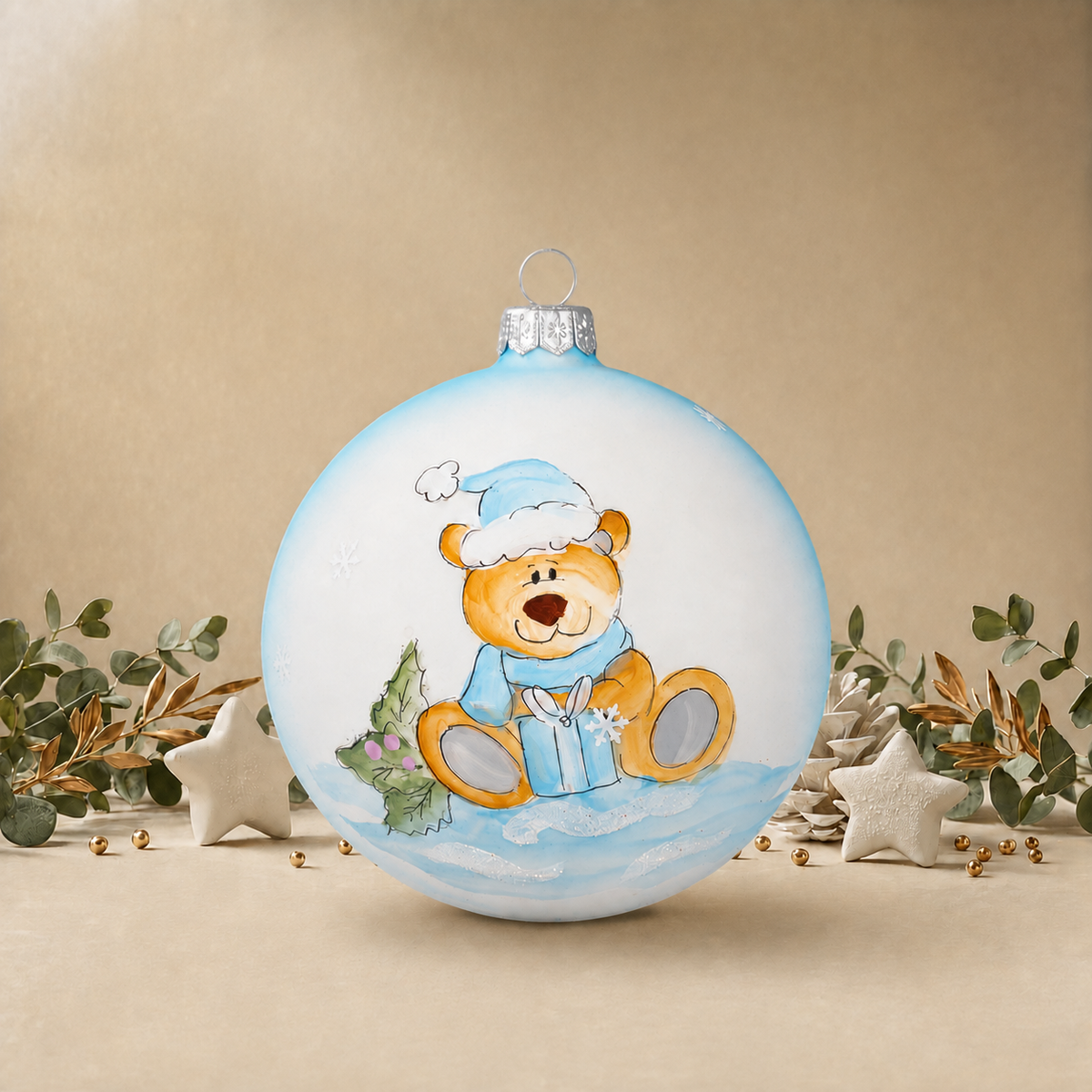 Large Baby Blue Bauble with Teddy Bear & Blue Present back