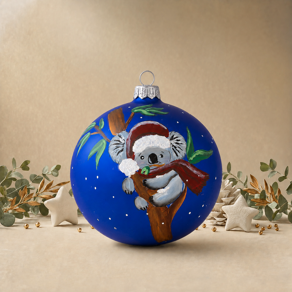 Cute Koala with Christmas Hat on Tree back