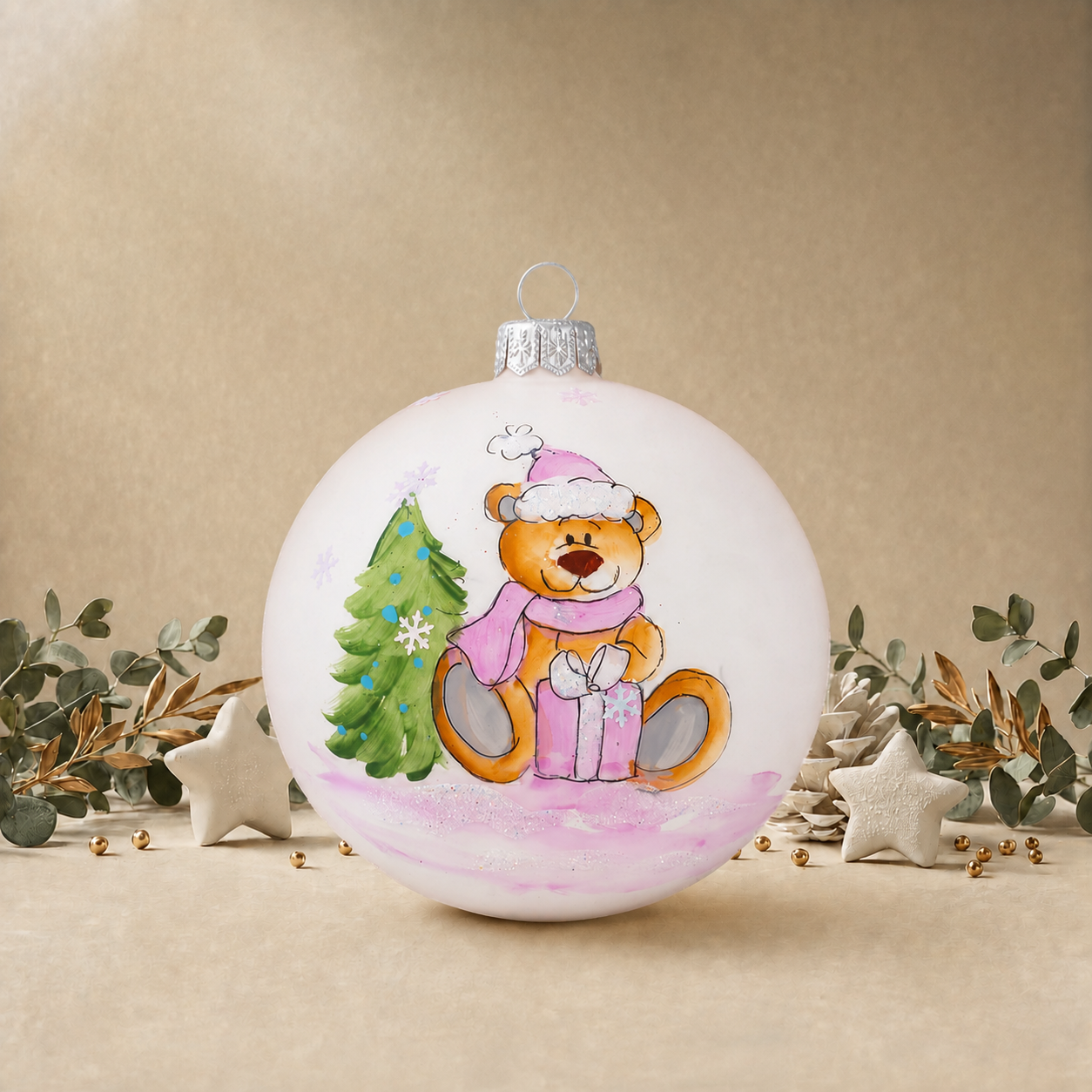 Large Baby Pink Bauble with Teddy Bear & Pink Present back