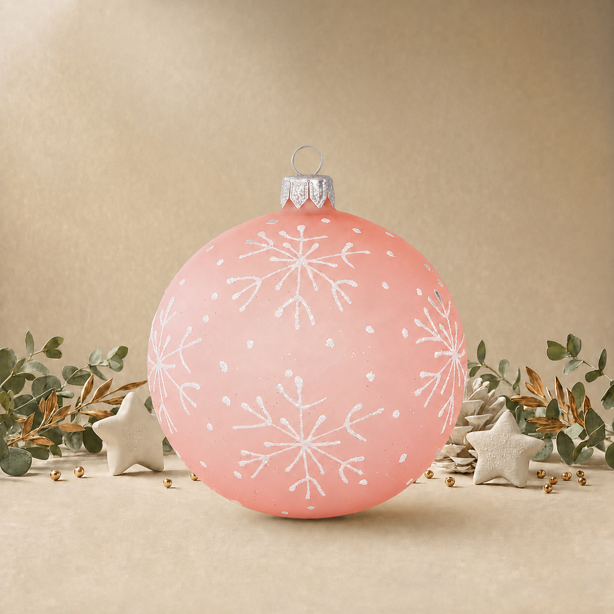 Frosted Baby Pink Bauble with White Snowflakes