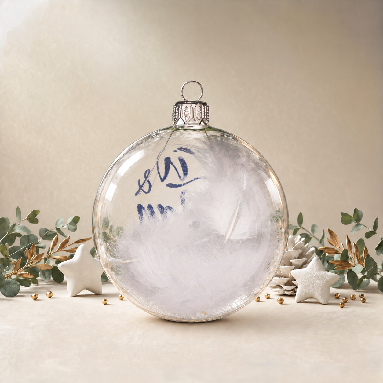Large Clear Bauble with White Feathers