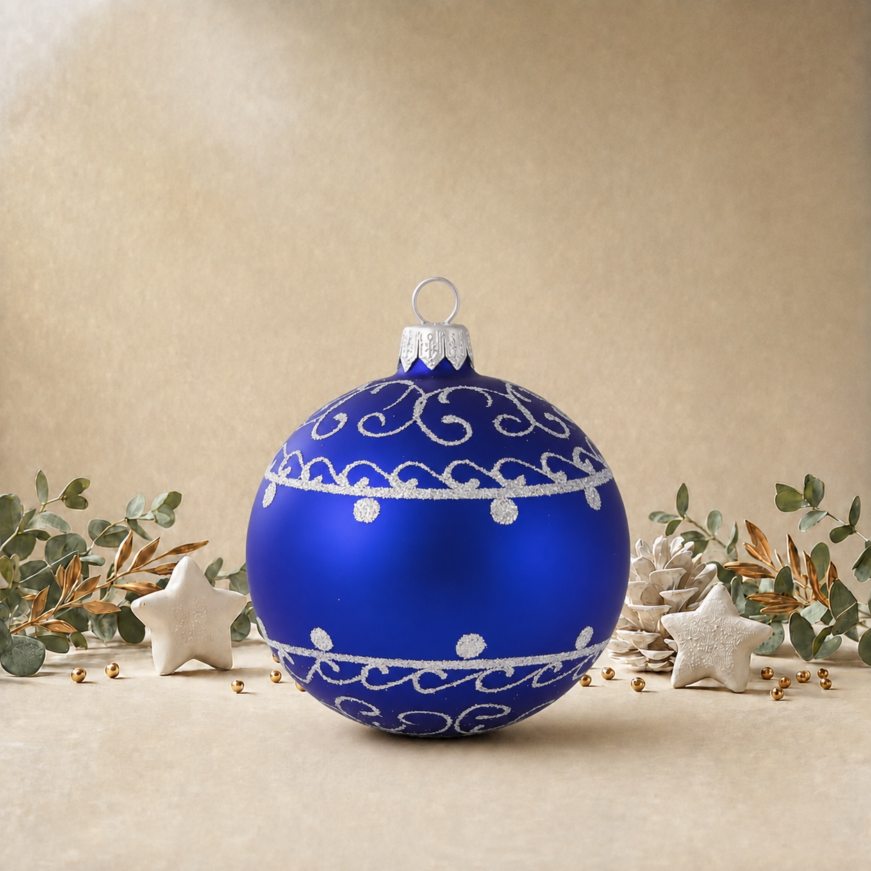 Medium Dark Blue Bauble with Silver Ornamental Pattern back