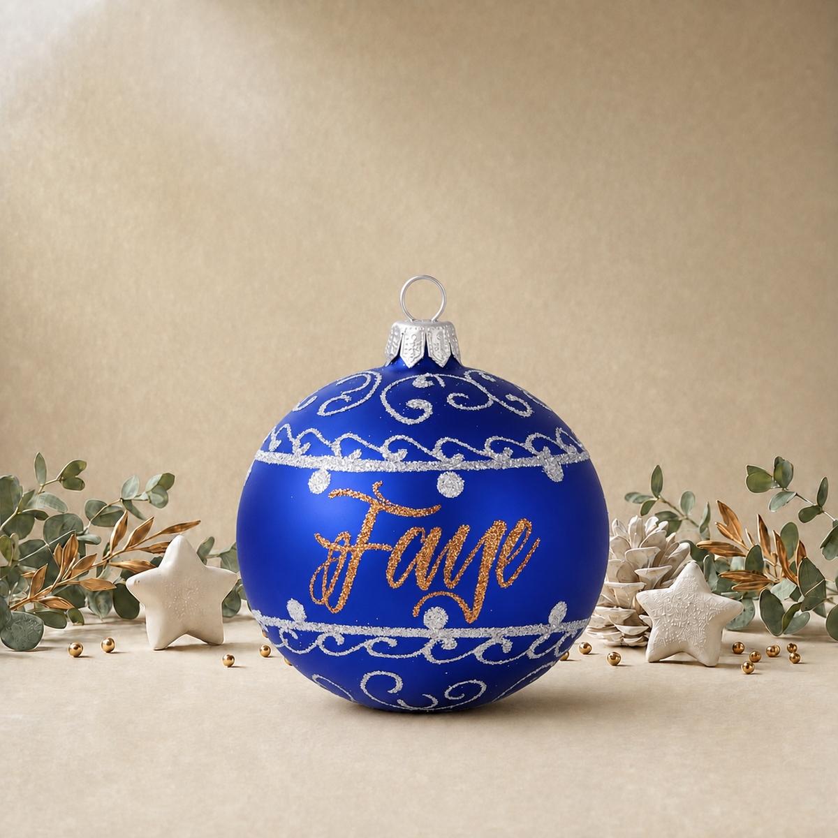 Medium Dark Blue Bauble with Silver Ornamental Pattern front