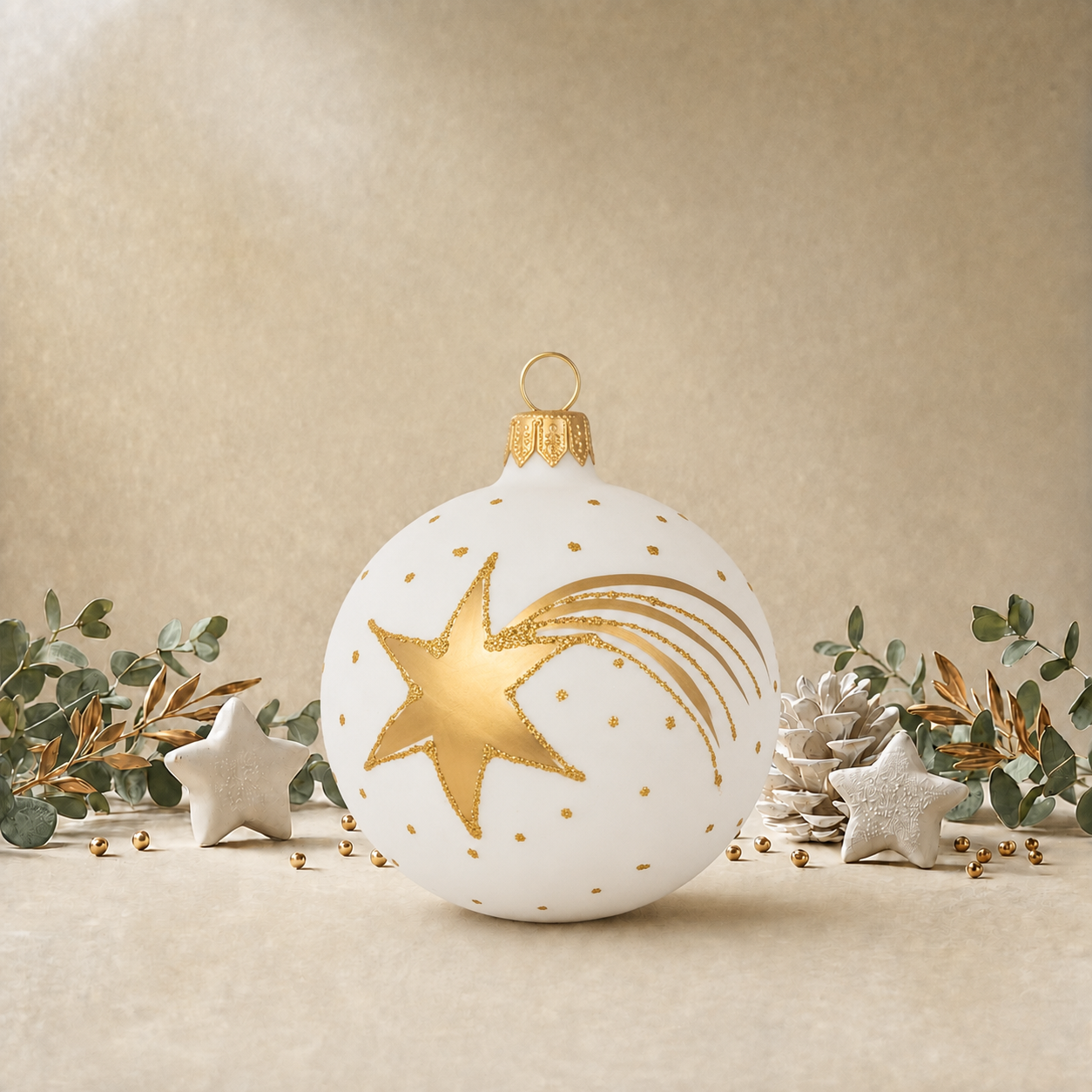 Matte White Bauble with Gold Shooting Star back