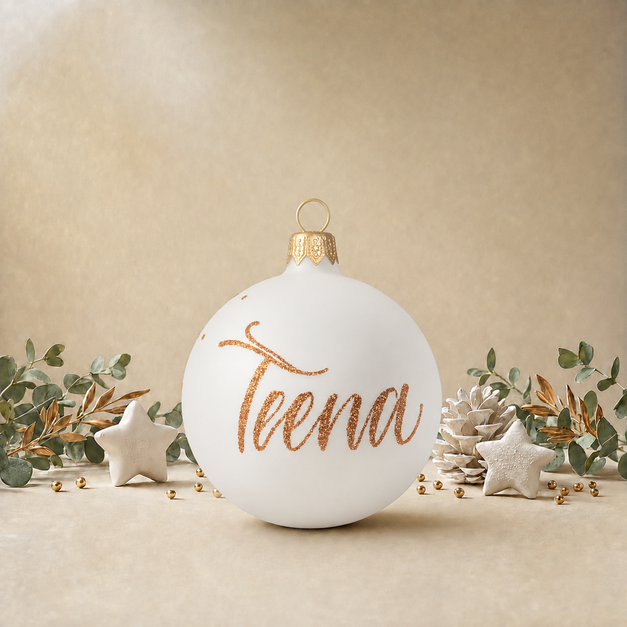 Matte White Bauble with Gold Shooting Star front