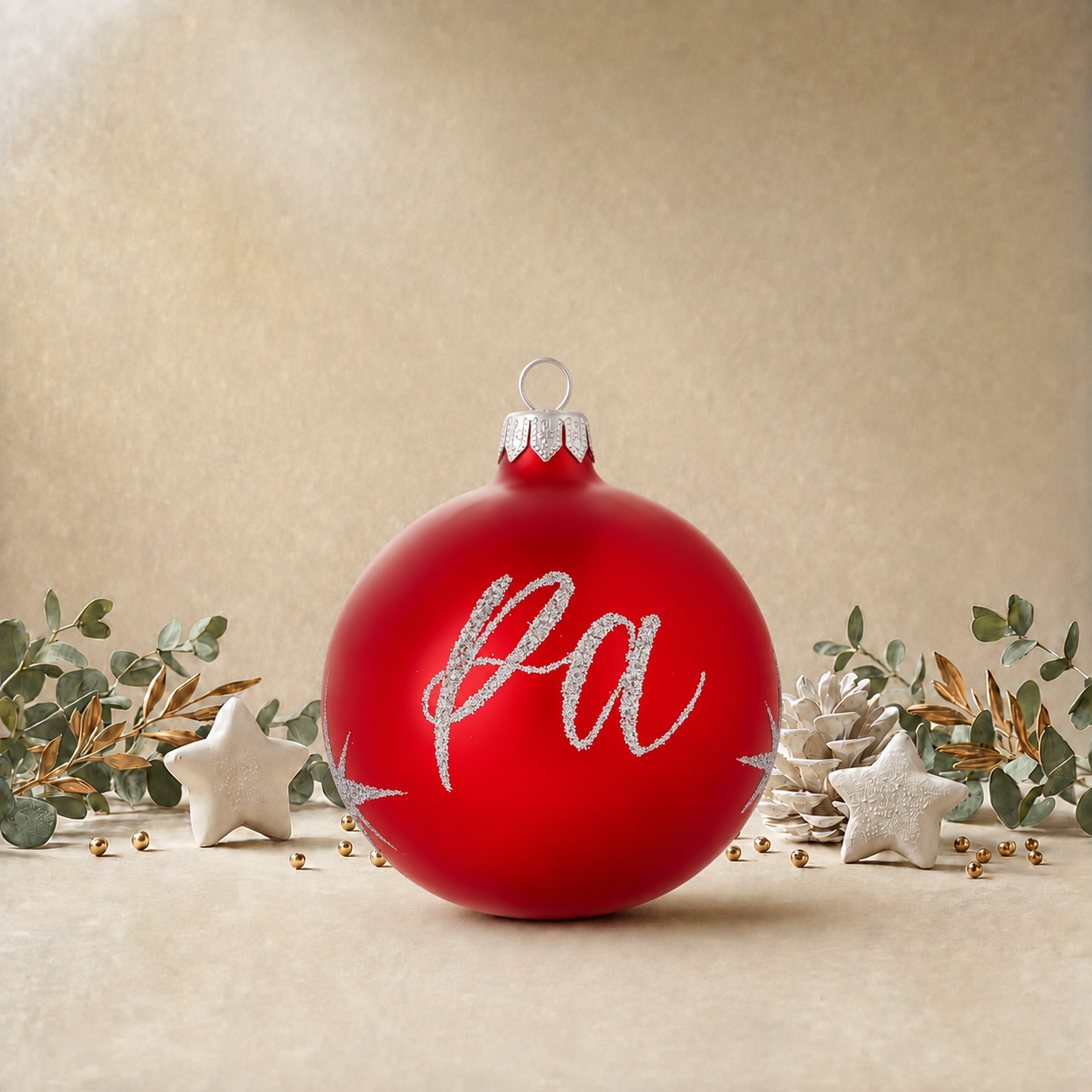 Pearl Red Bauble with Silver Stars front