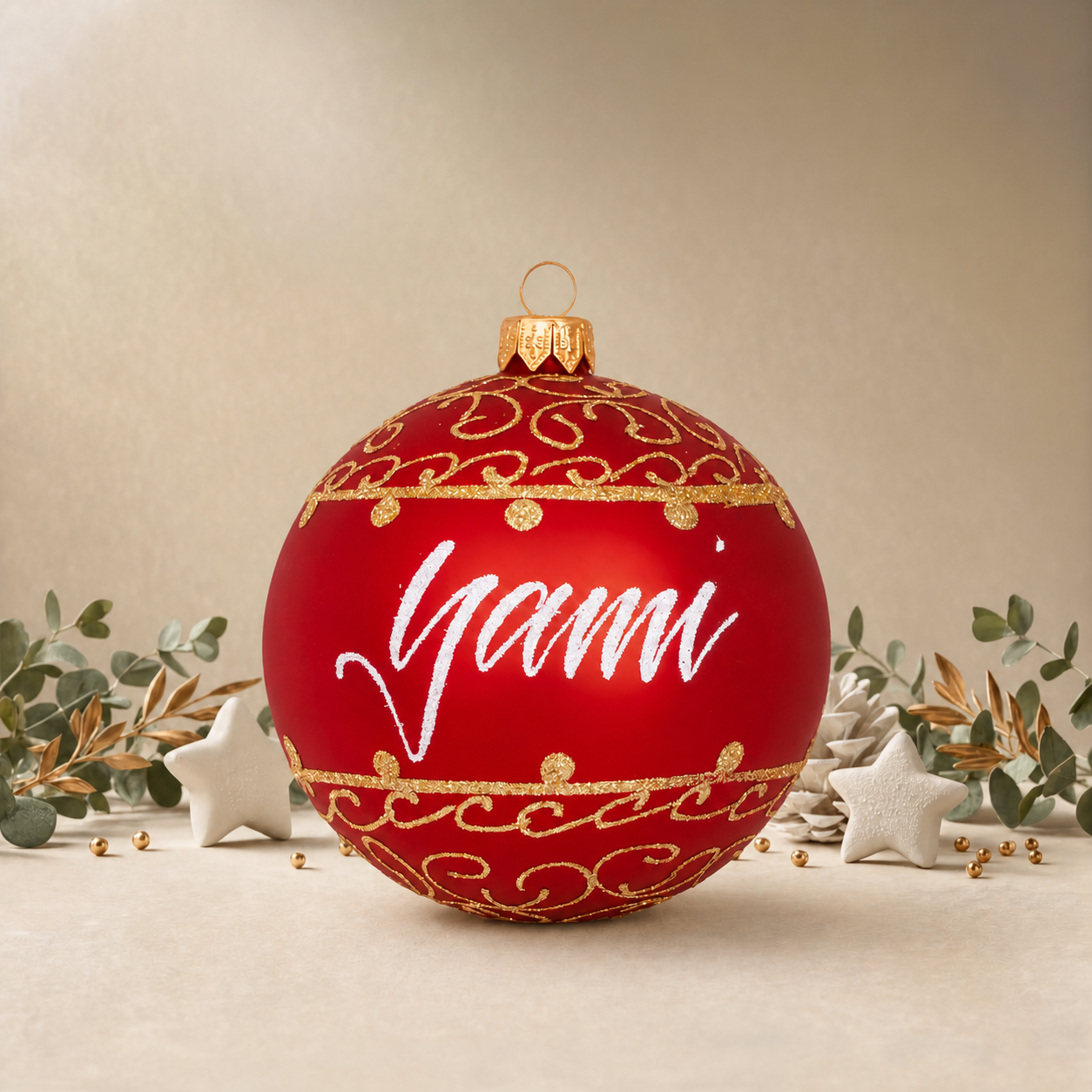 Red Bauble with Gold Ornamental Pattern front