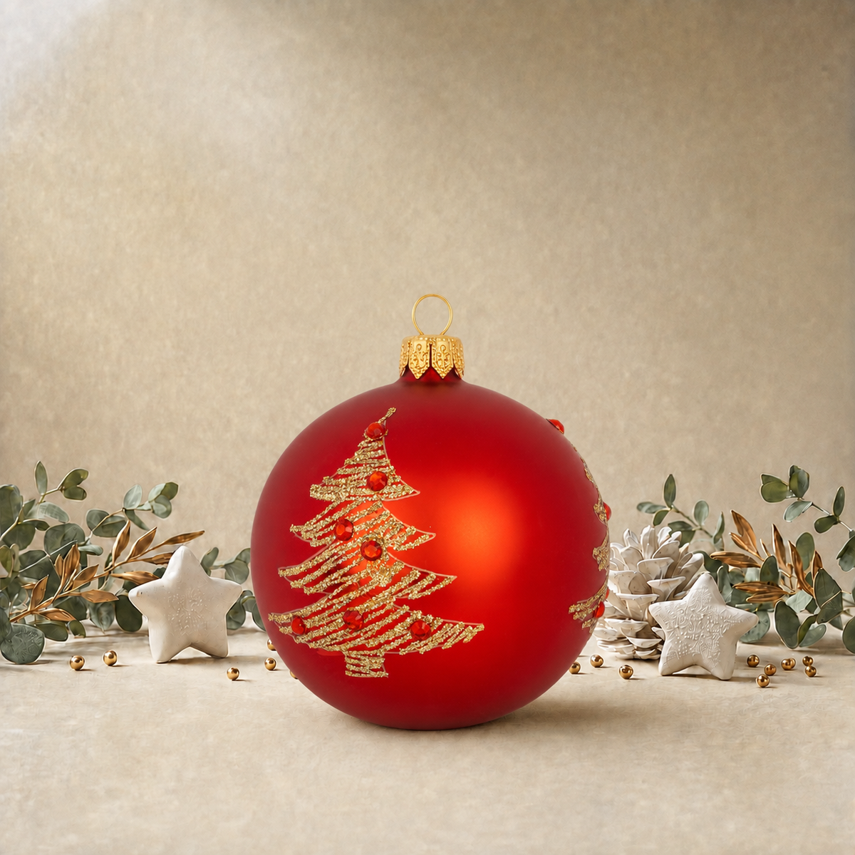 Gold Christmas Trees on Red Bauble back