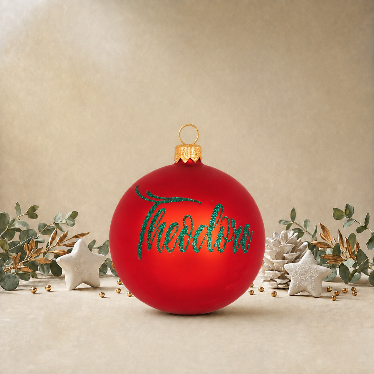 Gold Christmas Trees on Red Bauble front
