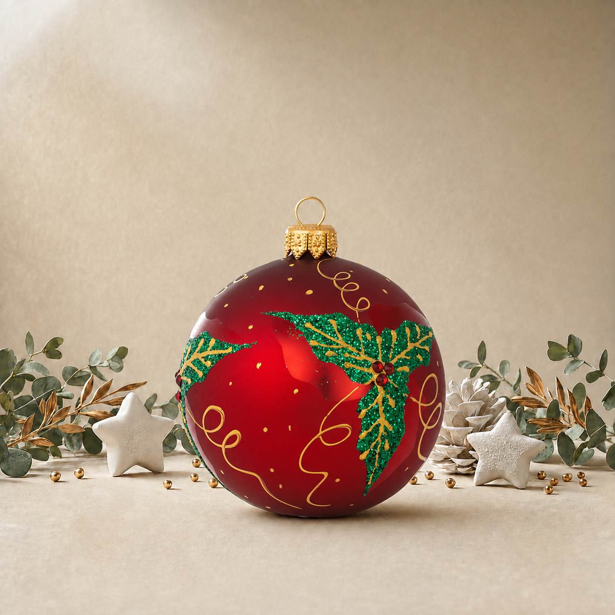 Red Bauble with Green Holly back