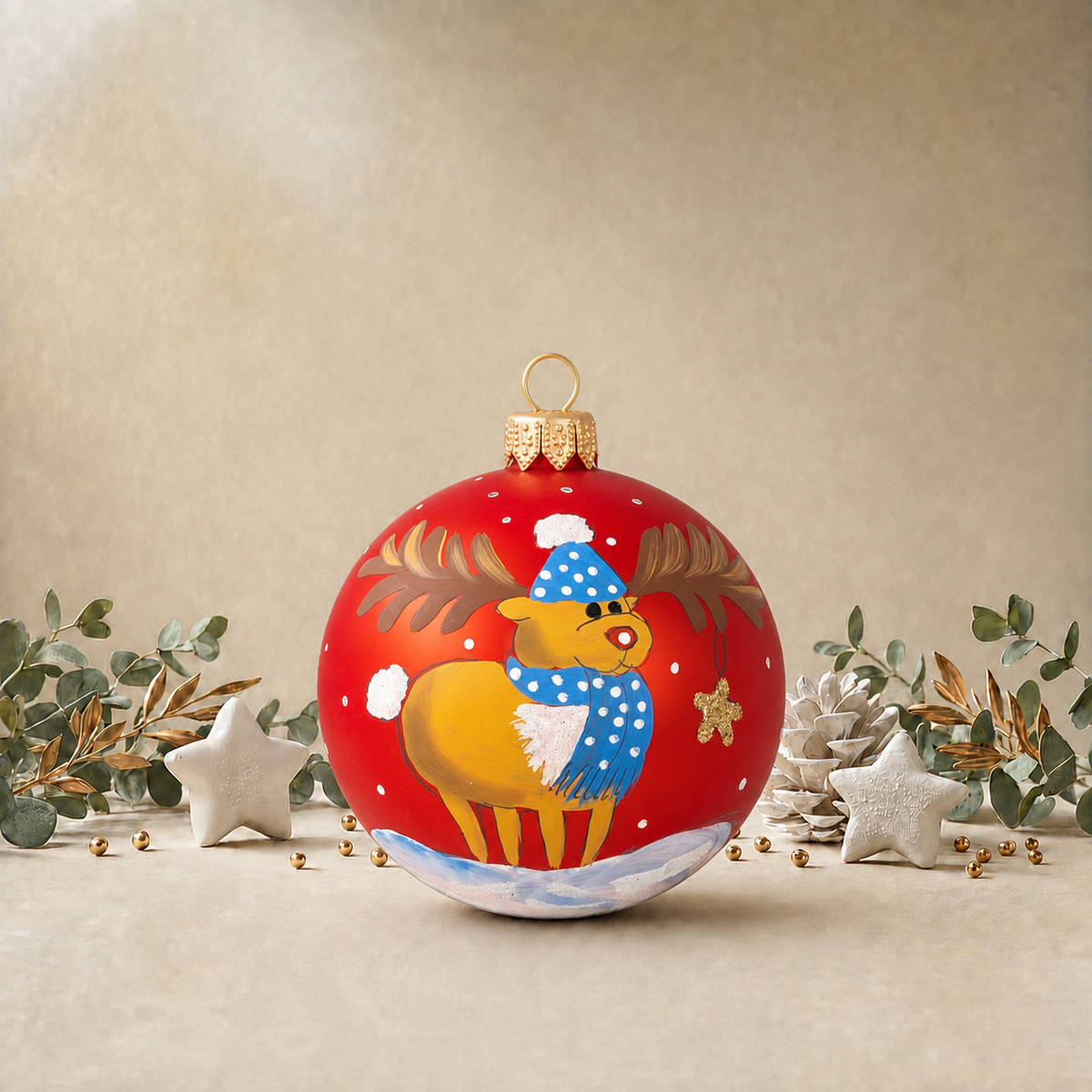 Medium Red Bauble with Cute Moose back