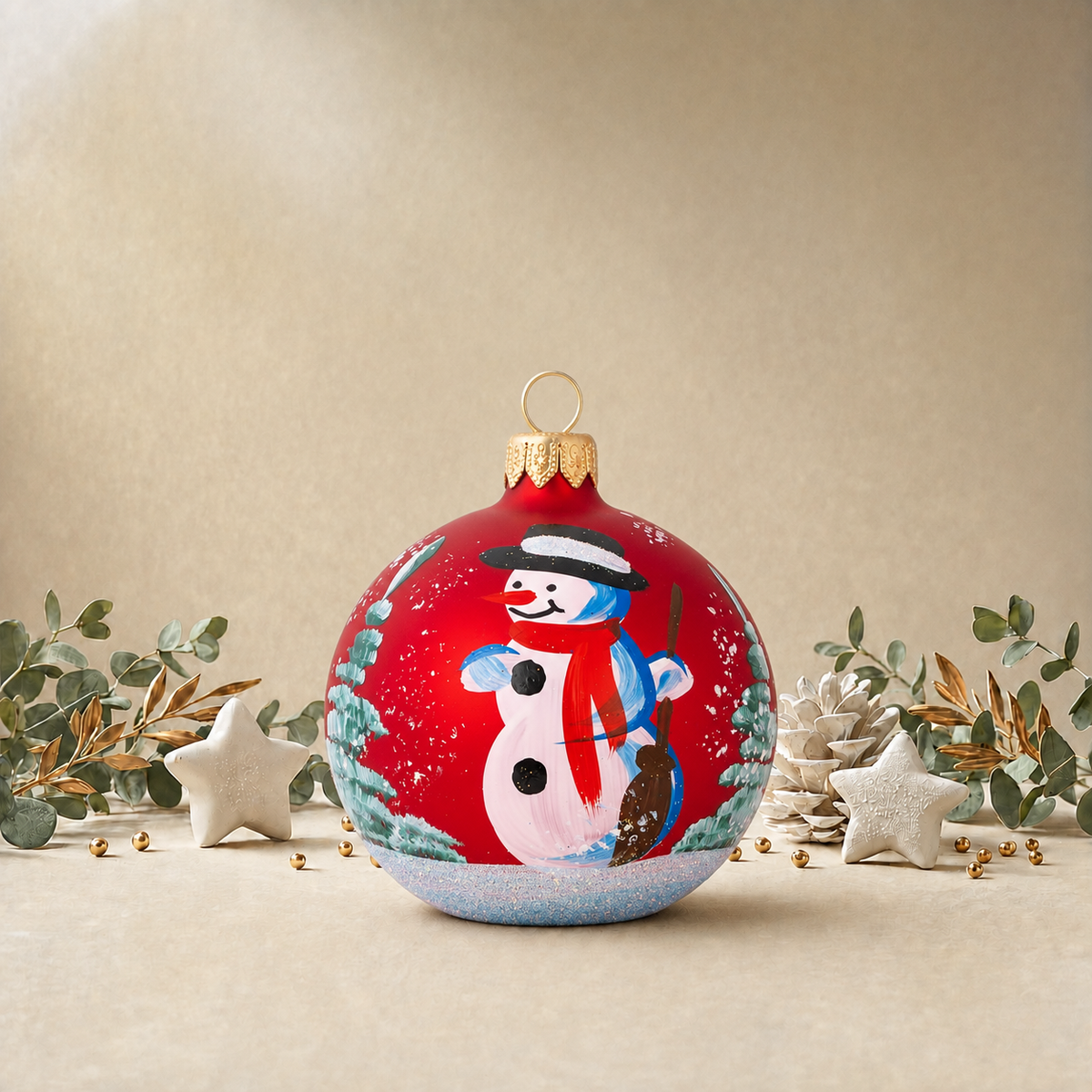 Snowman Carrying Broomstick - Red back