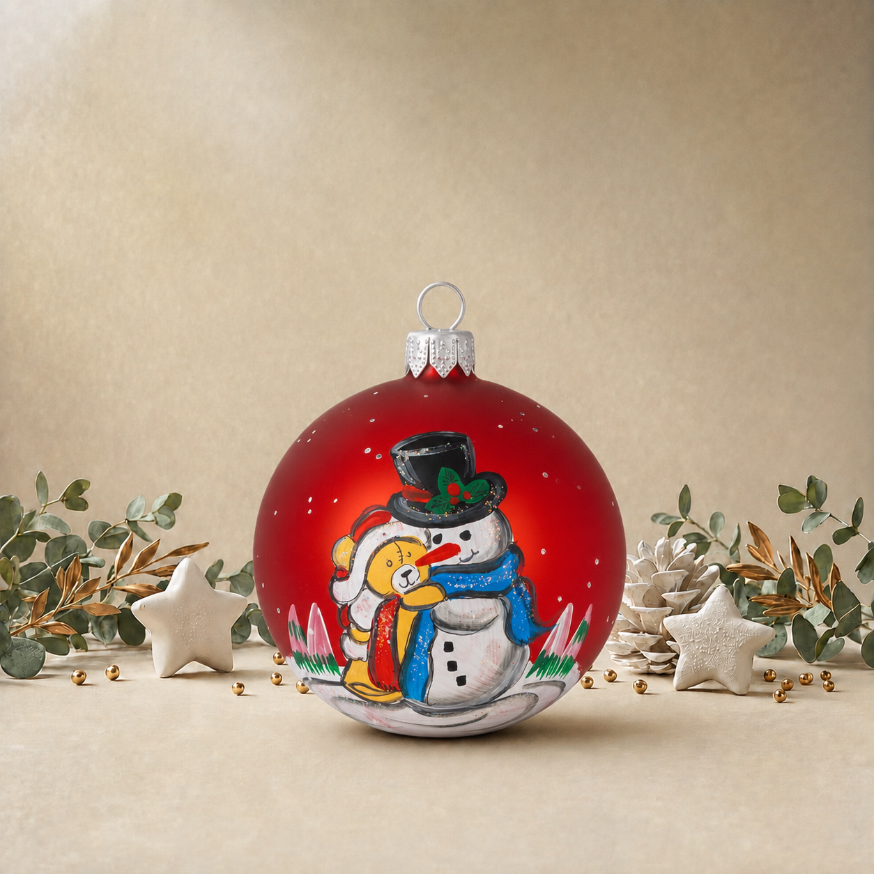 Snowman Hugging His Teddy Bear - Red back