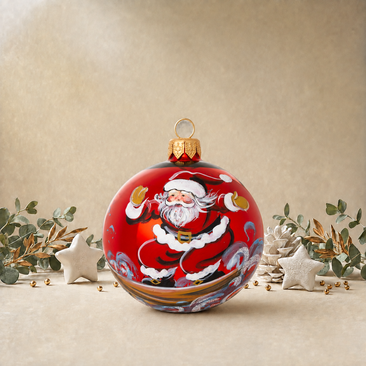 Pearl Red Bauble with Surfing Santa back