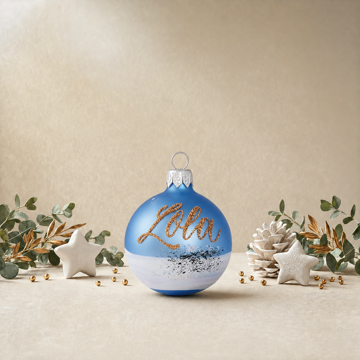 Light Blue Bauble with Wintery Tree Covered in Snow