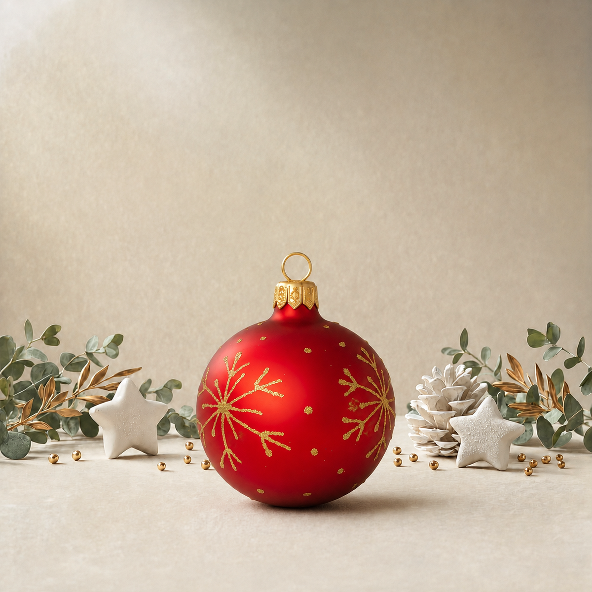 Small Gold Snowflakes on Red Bauble