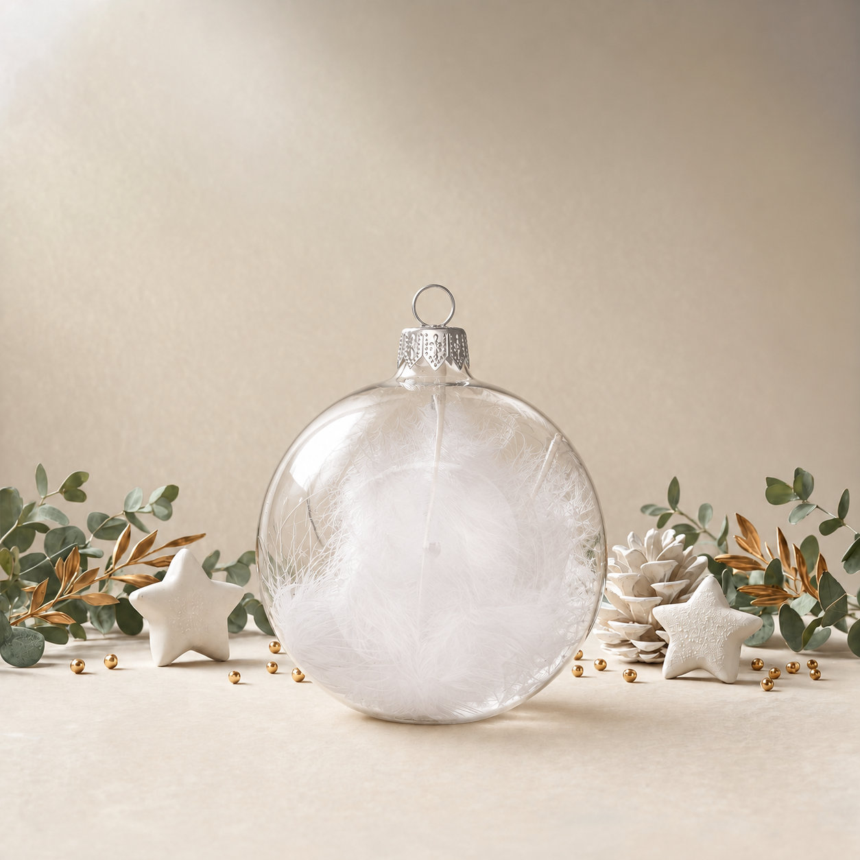 Medium Clear Bauble with White Feathers