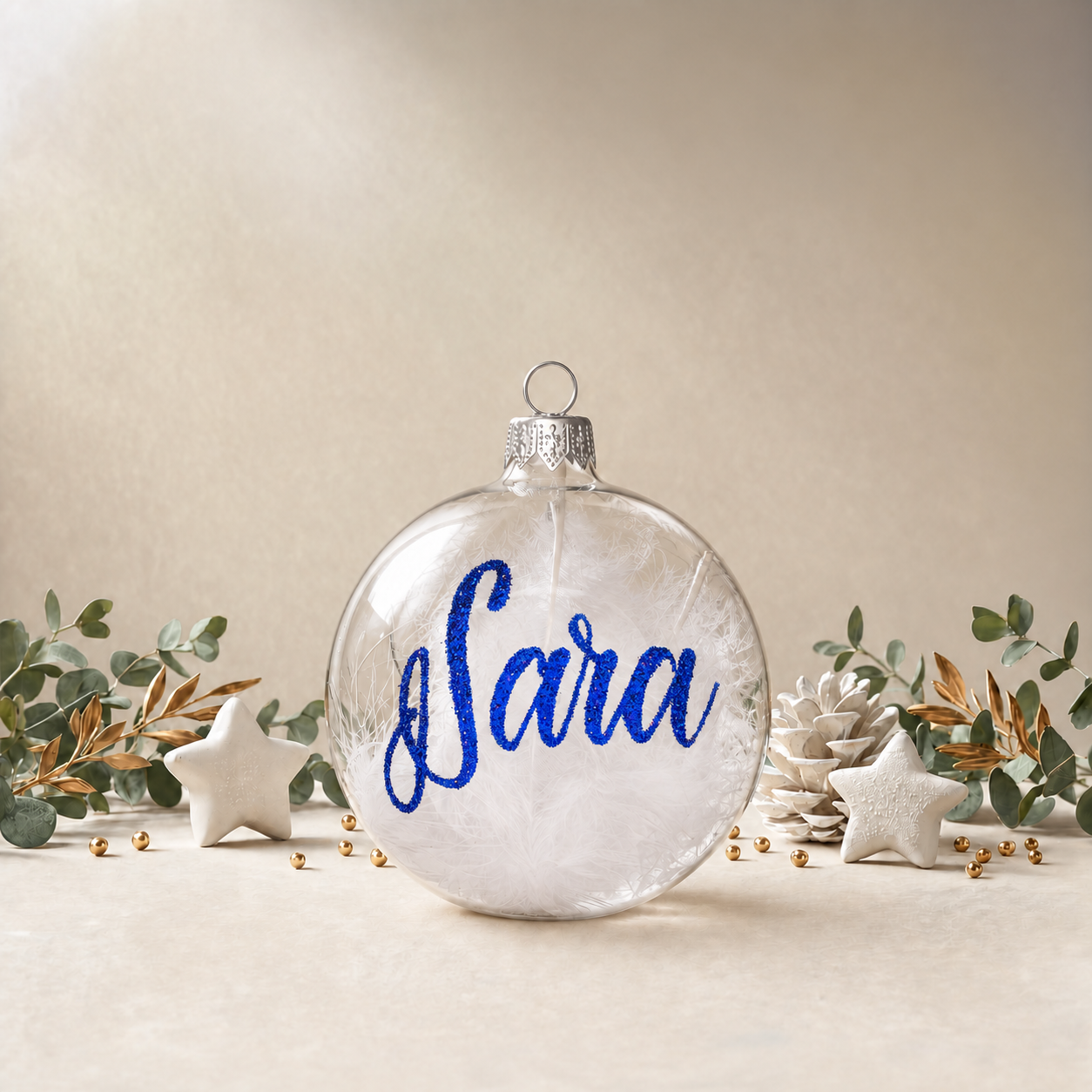 Medium Clear Bauble with White Feathers