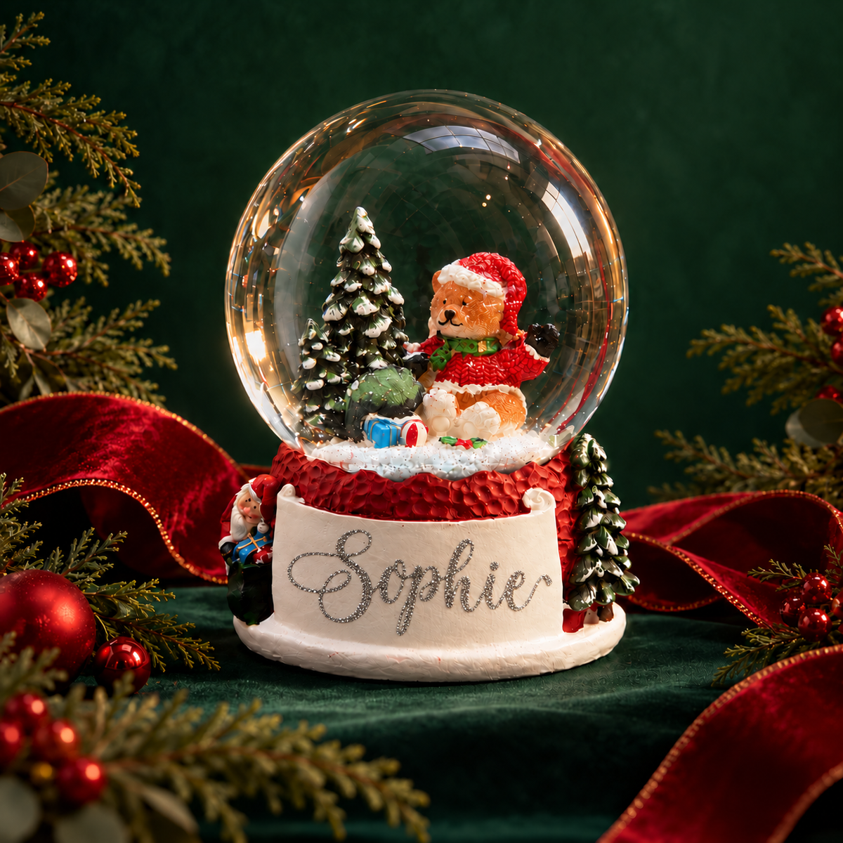 Christmas Bear Snow Globe, on a Christmas table