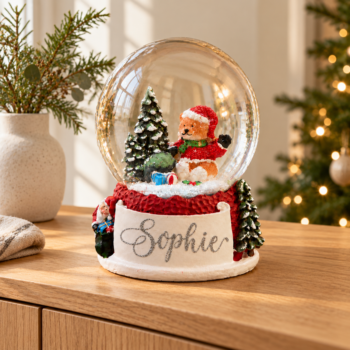 Christmas Bear Snow Globe, styled on a wooden sideboard