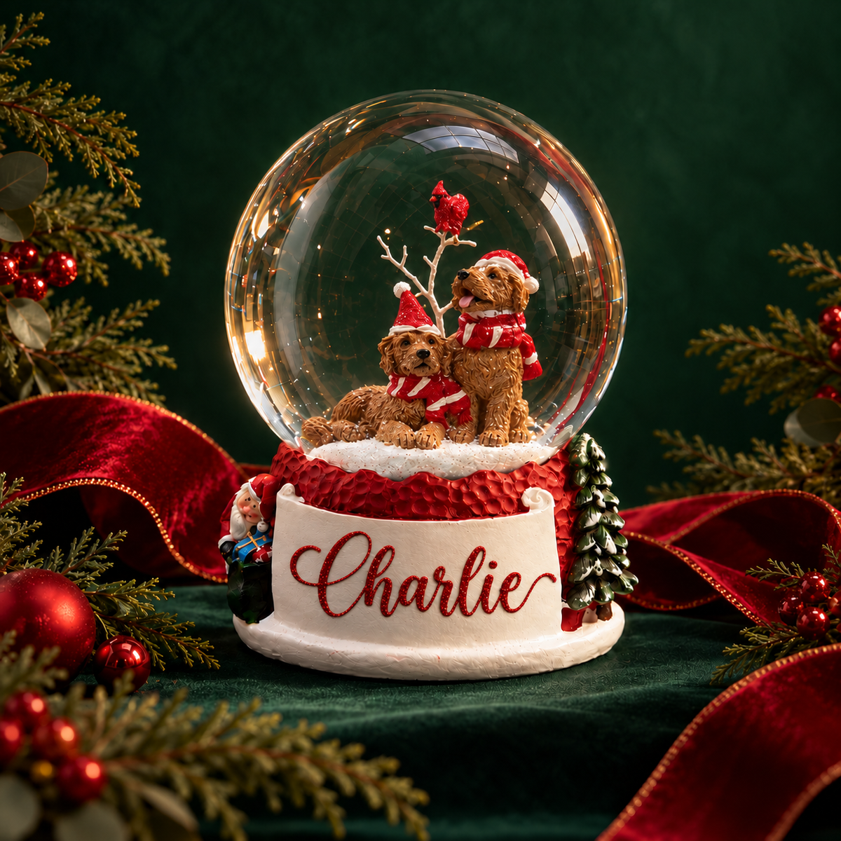 Festive Pups Snow Globe, on a Christmas table