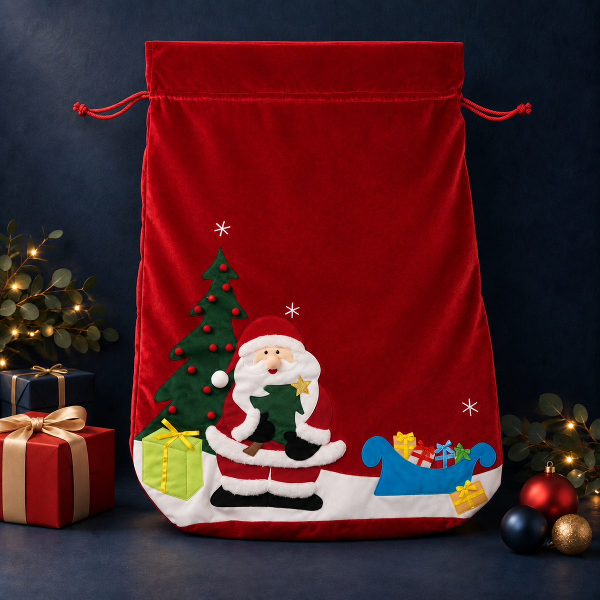 Red Santa Sack with Santa, a Christmas tree and a sleigh of presents
