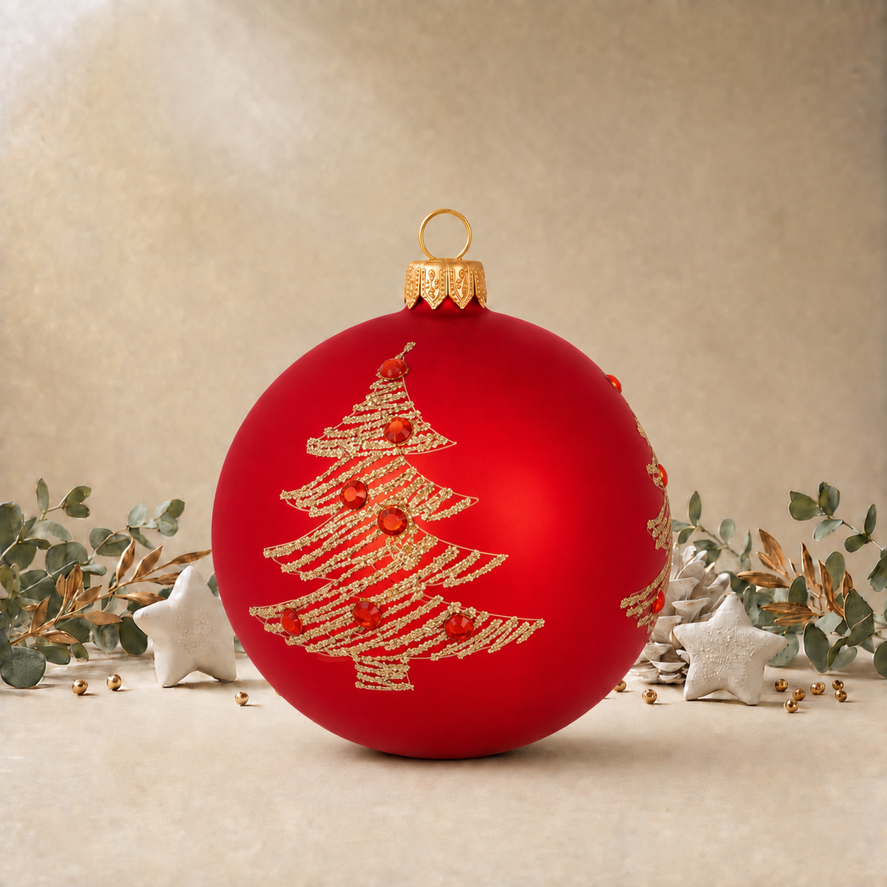 Gold Christmas Trees on Red Bauble - Large, front