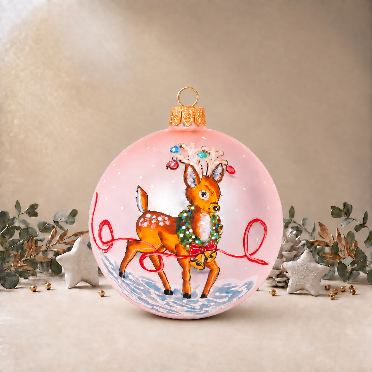 Cute Reindeer with Bells - Pink personalised Christmas bauble, front