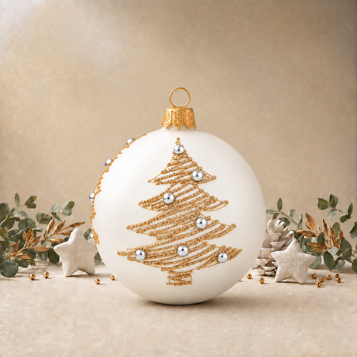 Gold Christmas Trees on White Bauble - Large, front
