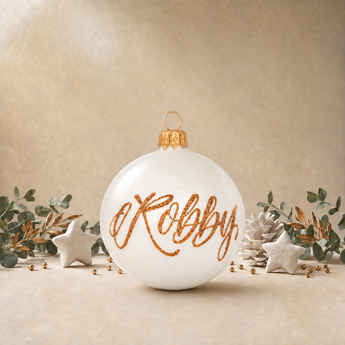 Medium Pearl White Bauble with Gold Stars