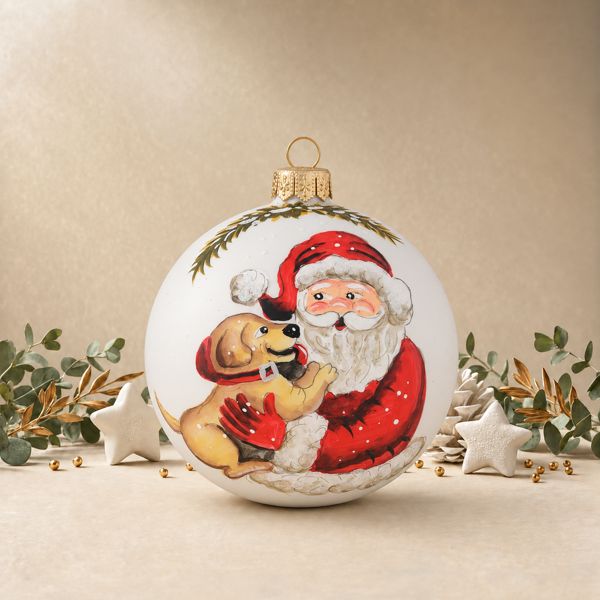 White Bauble with Santa & Puppy