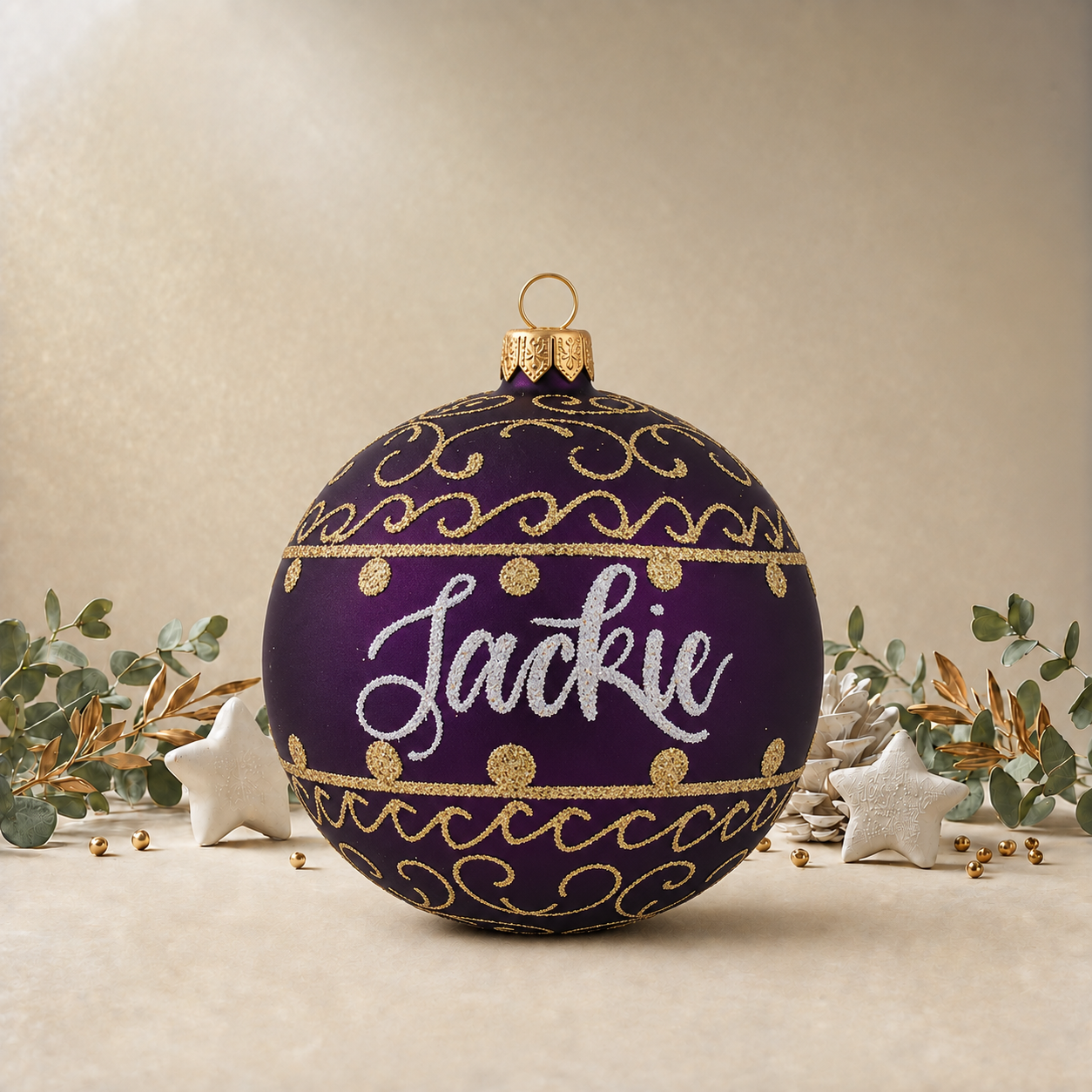 Purple Bauble with Gold Ornamental Pattern, front
