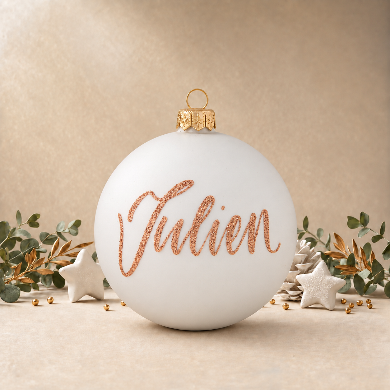 White Bauble with Santa & Puppy