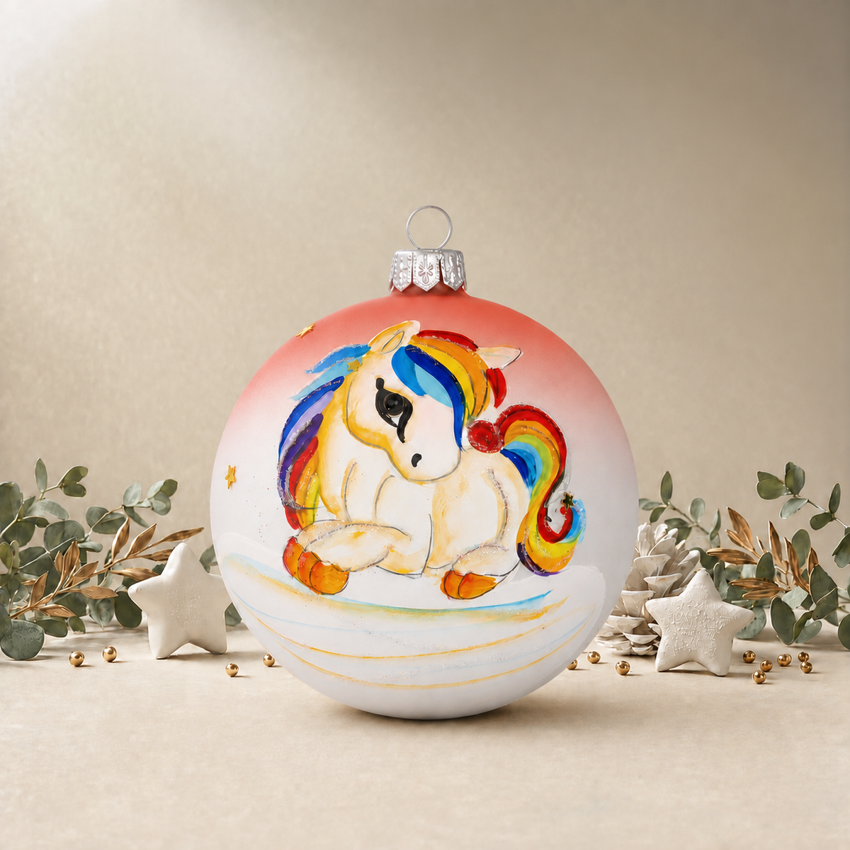Baby Pink Pony personalised Christmas bauble, front