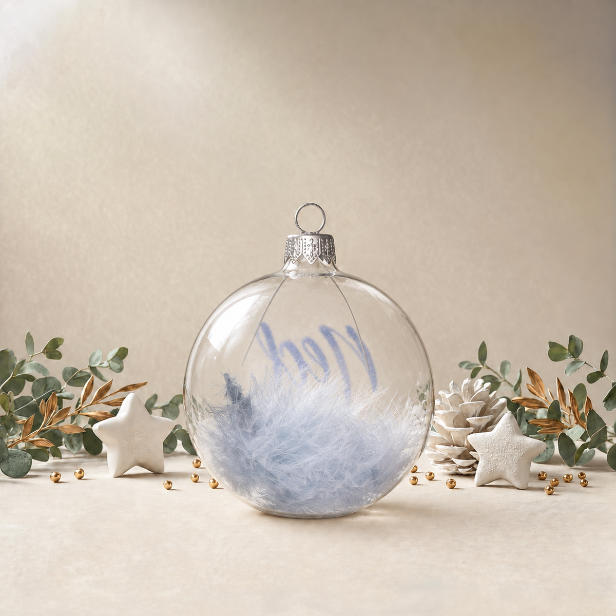 Clear Bauble with Baby Blue Feathers