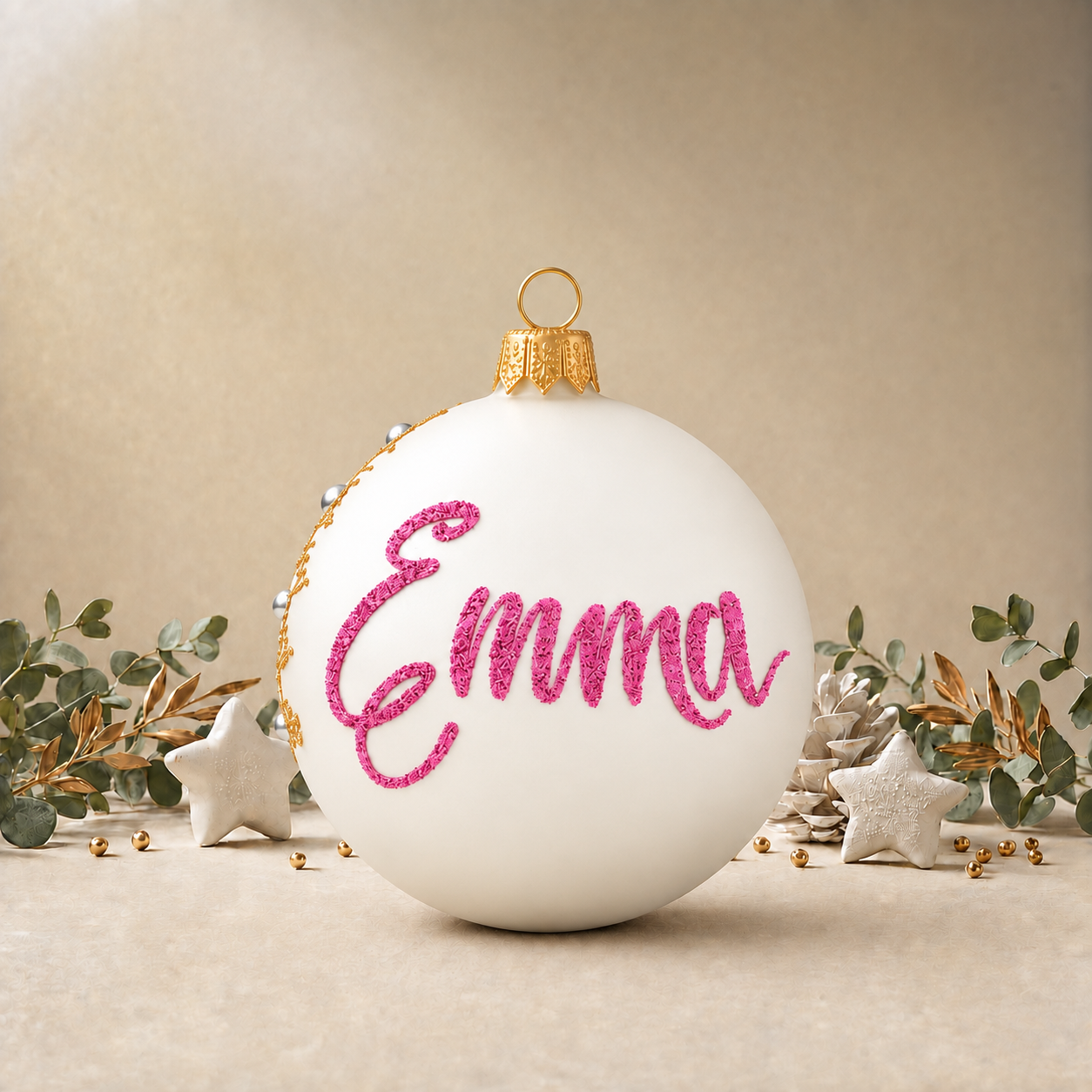 Gold Christmas Trees on White Bauble - Large, back